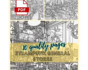 Páginas para colorear para adultos, 10 páginas para colorear de Steampunk General Store, Descarga digital, Libros para colorear para adultos, Coloración para adultos, Descarga instantánea