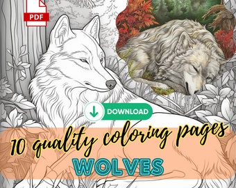10 Wolves Coloring Pages, Digital Download, Adult Coloring Pages, Kids Coloring Pages, Coloring Digital Download, Adult Coloring Page