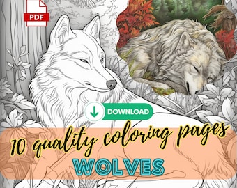 10 Wolves Coloring Pages, Digital Download, Adult Coloring Pages, Kids Coloring Pages, Coloring Digital Download, Adult Coloring Page