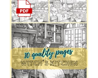 Libros para colorear para adultos, 10 páginas para colorear para adultos de Witch's Kitchen, páginas para colorear, descarga digital, imprimible, páginas para colorear para adultos