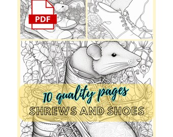 Colorear para adultos, 10 musarañas y zapatos para colorear, adultos para colorear, páginas para colorear para adultos, descarga digital, imprimible, libros para colorear