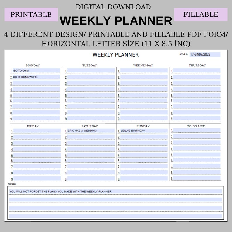 Weekly Planner Printable and Fillable Form, Weekly Organizer, Office ...