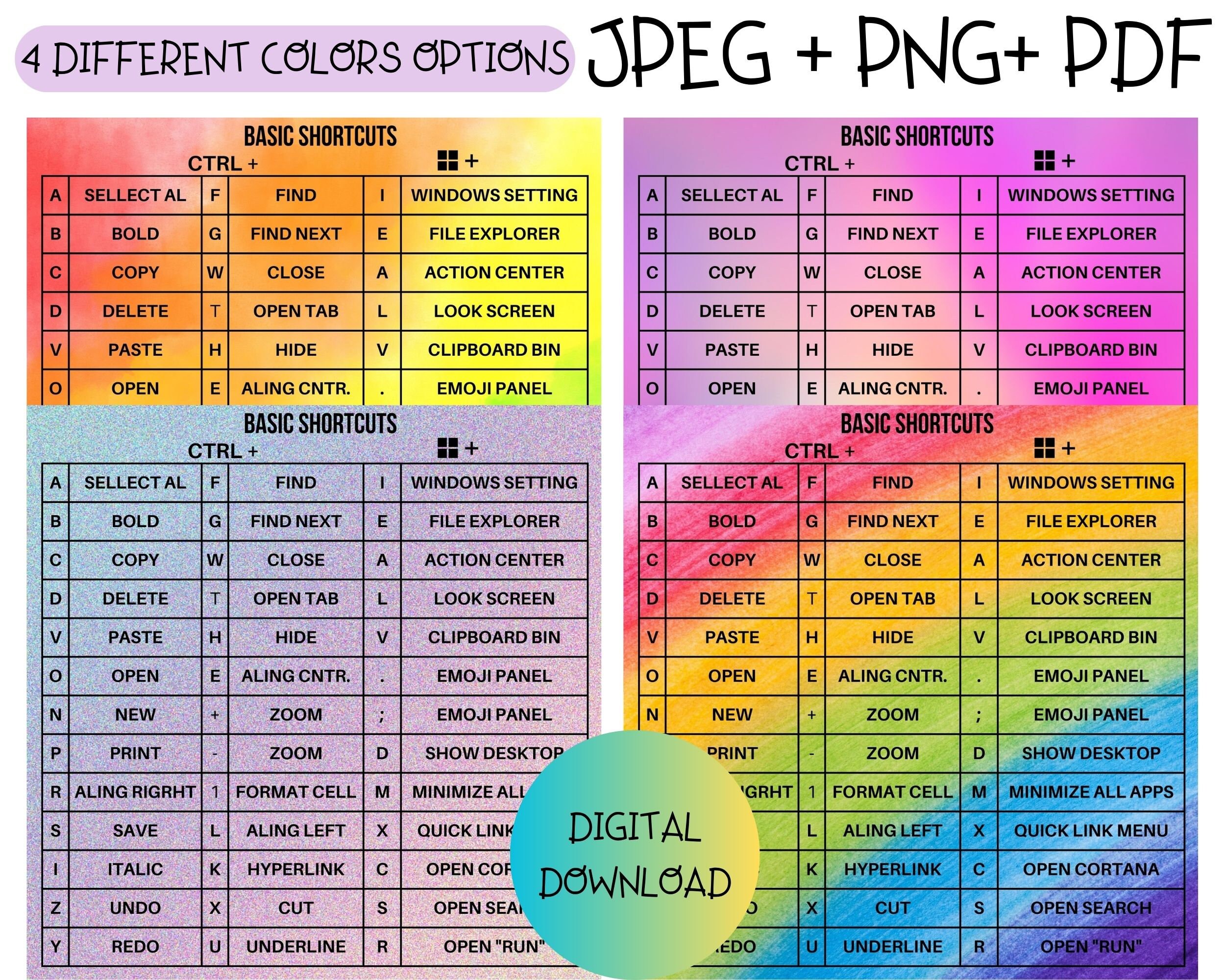 keyboard shortcuts, shortcuts for windows, Word and Excel Shortcuts, PDF, SVG and PNG formats, Rainbow Shortcuts, , keyboard