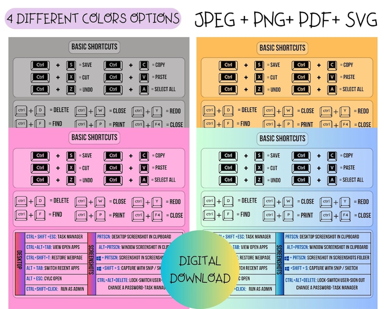 Windows Keyboard Shortcuts, Word & Excel, Rainbow Design (digital ...