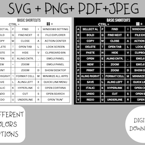 Keyboard shortcuts, keyboard, shortcuts for windows, Word and Excel Shortcuts, PDF, SVG and PNG, Black Shortcuts, White Shortcuts