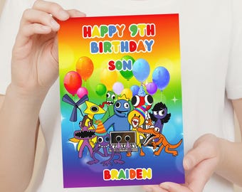 Personalized Rainbow Friends Birthday Card - Kids Custom Name & Age