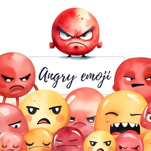 20 acuarela enojado emoji clipart, Aquarelle emociones negativas enojado cara triste clipart, PNG, diseño de tarjeta, diseño de tarjeta de cumpleaños, decoración