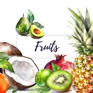 20 clipart de frutas em aquarela, clipart de frutas aquarela, clipart de comida, PNG, arte de parede, design de camisetas, design de cartão de aniversário, arte de jantar