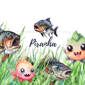 10 aquarel Piranha clipart, aquarel tekening zee rivier vis clipart, PNG, T-shirt design, verjaardag uitnodiging ontwerp, kinderkamer kunst aan de muur