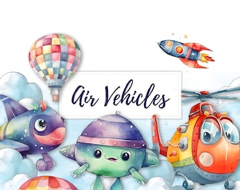 15 Watercolor Cute Air Vehicle Clipart, Aquarelle Plane Rocket Air Balloon UFO Helicopter Clipart, PNG, Illustrations, Nursery Wall Art