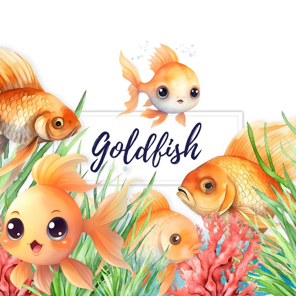 10 Watercolor Goldfish Clipart, Aquarelle Drawing Sea River Fish Clipart, PNG, T-shirt Design, Birthday Invitation Design, Nursery Wall Art