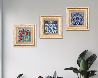 Blue Tile Wall Art, Set of Mexican Talavera Tiles Wall Hanging, Tile Design Stone Wall Decor, Ethnic Aesthetic Tile, Housewarming Gift