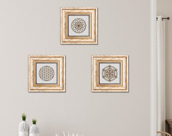 Sacred Geometry Wall Art, Flower of Life Stone Wall Decor Set, Sri Yantra Wall Hanging, Metatron&#39;s Cube, Meditation Gift, Housewarming Gift
