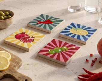 Vegetables and Fruits Stone Coasters Set, Colorful Fruits Coasters, Pop Art Coasters