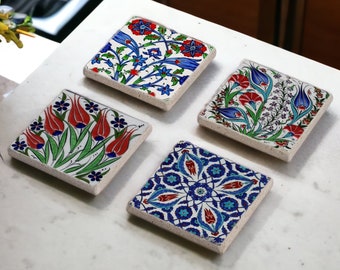 Blue Tile Stone Drink Coasters, Mexican Talavera, Moroccan Tile, Tile Design, Spanish Mediterranean, Boho Barware, Tulip Art, Gift for Mom