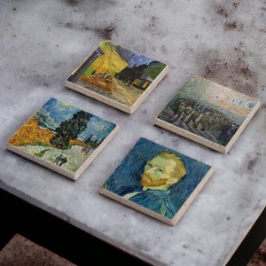 Vincent Van Gogh Stone Coasters, Prisoners&#39; Round Stone Coasters Set of 4, Van Gogh Art Coasters, Fathers Day Gift, Gift for Her, Gift Idea