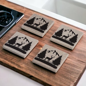Deer Stone Coasters, Deer Cabin Coasters Set of 4, Hunting Decor, Hunting Gifts For Men, Forest Coasters, Gift for Him, Deer Hunter Gifts