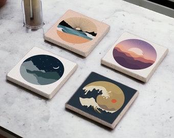 Bohemian Stone Coasters, Minimalist Coasters Set, Decorative Tile, Night Art, Modern Art Coasters, Art Decor Coasters, Gift for Her