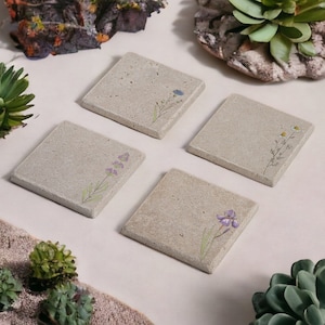 Wildflowers Stone Coasters with Cork Backing, Flowers Coasters Set of 4, Spring Floral Coasters, Drink Coasters, Gift for Her, Gift for Mom