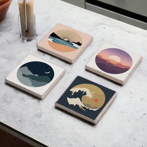 Bohemian Stone Coasters, Minimalist Coasters Set, Decorative Tile, Night Art, Modern Art Coasters, Art Decor Coasters, Gift for Her