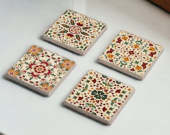Mandala Stone Coasters, Colorful Mandala Motif Coaster Set of 4, Mandala Tiles, Mandala Decor, Housewarming Gift, Gift for Her, Gift for Mom
