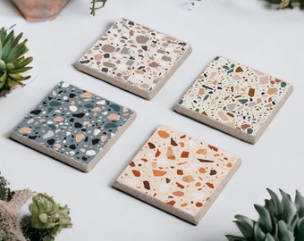 Posavasos de piedra de terrazo, posavasos de terrazo de colores, posavasos de travertino con respaldo de corcho conjunto de 4, posavasos de vino de terrazo, decoración del hogar, idea de regalo