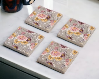 Pink Rose Stone Coasters, Bouquet of Flowers Coasters Set of 4, Pink Floral Coasters, Gift for Mom, Housewarming Gift, Gift for Her