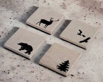 Posavasos de piedra de vida silvestre, posavasos de animales salvajes, decoración de caza, posavasos de bosque, posavasos de oso, posavasos de ciervo, posavasos absorbentes, regalo para papá