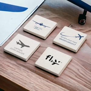 Custom Aviation Stone Coaster Set, Personalized Pilot Aviation Wood Coasters, Man Cave Decor, Aviation Retirement Present, Gift for Pilot