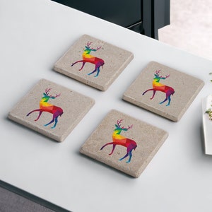 Colored Deer Stone Coasters, Deer Art Coasters Set of 4, Drink Coasters, Gift for Her, Housewarming Gift, Gift for Him, Wedding Gifts