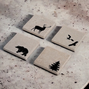Wildlife Stone Coasters, Wild Animals Coasters, Hunting Decor, Forest Coaster, Bear Coaster, Deer Coasters, Absorbent Coasters, Gift for Dad