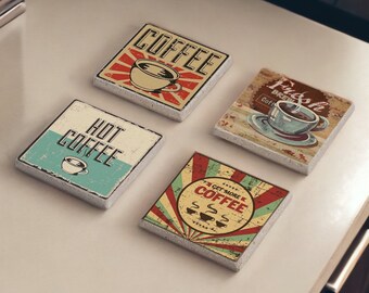Coffee Stone Coasters, Retro Coffee Coasters Set of 4, Coffee Lover, Drink Coasters, Coffee Gift, Coffee Decor, Kitchen Decor, Gift for Her