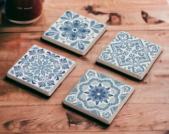 Light Blue Tile Stone Coasters, Mexican Talavera Tile Wood Coasters, Moroccan Tile, Tile Design, Moroccan Tile, Tulip Art, Gift for Her