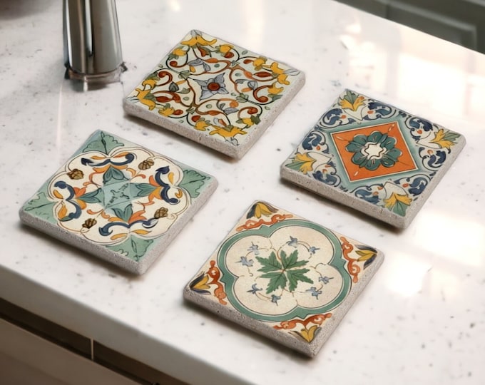 Green Tile Stone Coaster Set, Mexican Talavera Tile Wood Coasters, Moroccan Tile, Tile Design, Boho Barware, Tulip Art, Gift for Her
