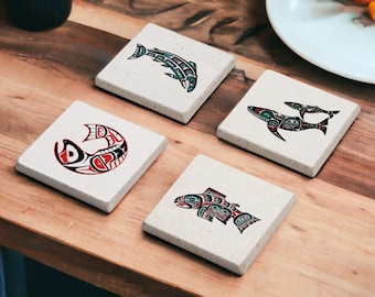 Lachs und Orcas Stein Untersetzer Set, Kanadische Aborigines Kunst Holz Untersetzer, Northwest Coast Native Art Decor, Lachs Run, Minimalistische Geschenke