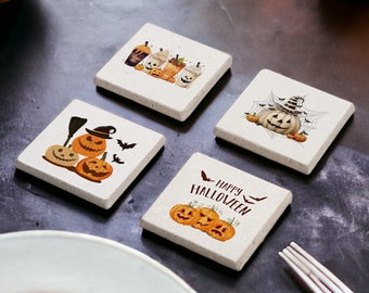 Halloween Stone and Wood Coasters Set, Pumpkin Fall Coasters, Pumpkin Coaster Set, Halloween Gifts, Halloween Decor Coaster, Spooky Coasters