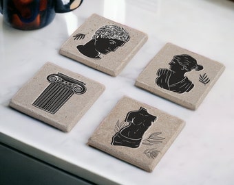 Greek Mythology Coasters, Antique Greek Stone Coasters Set of 4, Gods and Goddesses of Ancient Greece, Housewarming Gift, Gift for Her