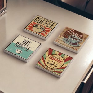 Coffee Stone Coasters, Retro Coffee Coasters Set of 4, Coffee Lover, Drink Coasters, Coffee Gift, Coffee Decor, Kitchen Decor, Gift for Her