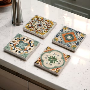 Green Tile Stone Coaster Set, Mexican Talavera Tile Wood Coasters, Moroccan Tile, Tile Design, Boho Barware, Tulip Art, Gift for Her
