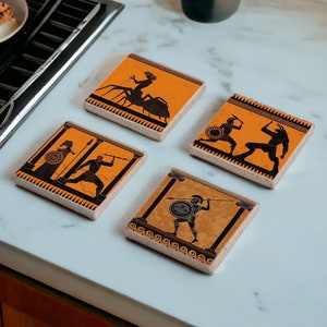 Greek Mythology Coasters Set, Antique Greek Stone Coasters, Gods and Goddesses of Ancient Greece, Greek Mythology, Housewarming Gift