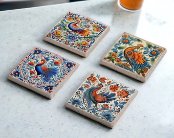 Blue Floral Tile Stone Coaster Set, Moroccan Tile Coasters, Ethnic Folk Ornament, Rooster Coaster Set, Mexican Talavera, Spanish Majolica