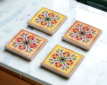 Yellow Tile Stone Coaster Set, Mexican Talavera Tile Wood Coasters, Moroccan Tile, Orange Tile Design, Boho Barware, Tulip Art, Gift for Her