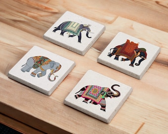 Elephant Art Stone Coasters Set, Indian Elephant Wood Coasters Set, Animals Art Coasters, Drink Coasters, Housewarming Gift, Gift for Mom