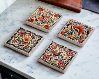 Set di sottobicchieri in pietra con piastrelle floreali rosse, sottobicchieri in piastrelle marocchine, ornamento popolare etnico, piastrelle rosse, design delle piastrelle, Talavera messicana, maiolica spagnola