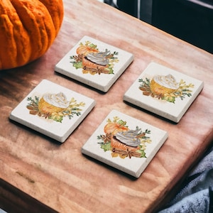 Pumpkin Cupcake Stone Coasters, Pumpkin Spice Cork Backing Coasters, Pumpkin Wood Coaster Set, Pumpkin Decor, Thanksgiving Decor Coasters