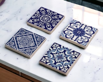 Blue Tile Stone Coaster Set, Mexican Talavera Tile Wood Coasters, Moroccan Tile, Tile Design, Boho Barware, Tulip Art, Gift for Her