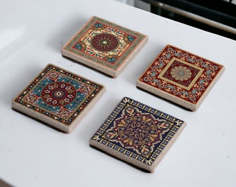 Ornament Tile Stone Coaster Set, Ethnic Rug Design Wood Coasters, Moroccan Tile, Mediterranean Design, Azulejo Ornament Design, Persian Tile