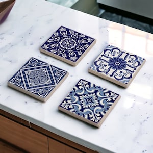Blue Tile Stone Coaster Set, Mexican Talavera Tile Wood Coasters, Moroccan Tile, Tile Design, Boho Barware, Tulip Art, Gift for Her