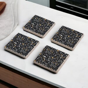 Black Terrazzo Stone Coaster Set, Dark Terrazzo Wood Coasters, Bathroom Drain Cover, Terrazzo Confetti Coasters, Gift for Her, Gift for Mom