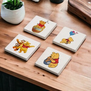 Winnie the Pooh Stone Coasters, Honey Pot Cork Backing Coasters, Winnie the Pooh Wood Coaster Set, Gift for Kids, Kids Room Decor
